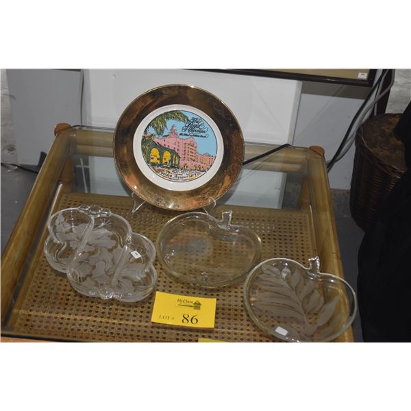 ETCHED GLASS TRAYS & ROYAL HAWAIIAN PLATE (4 PCS) (DOES NOT INCLUDE STAND)