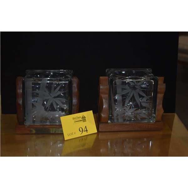 MID CENTURY HAWAIIAN ETCHED GLASS BLOCK VASES W/BAMBOO DESIGN & MONKEYPOD WOOD BASES (2 PCS)