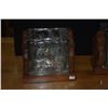 Image 4 : MID CENTURY HAWAIIAN ETCHED GLASS BLOCK VASES W/BAMBOO DESIGN & MONKEYPOD WOOD BASES (2 PCS)