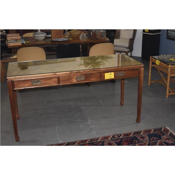 MARTIN & MACARTHUR ADMIRALTY KOA DESK W/3 DRAWERS & GLASS COVER (60" X 24" X 30 1/2")