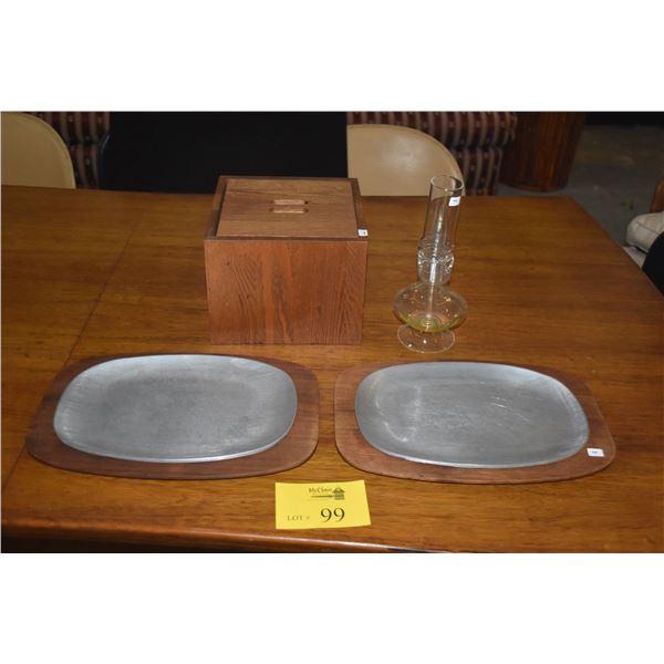 DANISH MODERN SQUARE ICE BUCKET, GLASS OIL LAMP & GLADMARK SERVING PLATTERS (4 PCS)