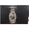 Image 2 : 18" CHINESE PORCELAIN FAMILLE ROSE VASE W/FOO DOG HANDLES & WOOD STAND