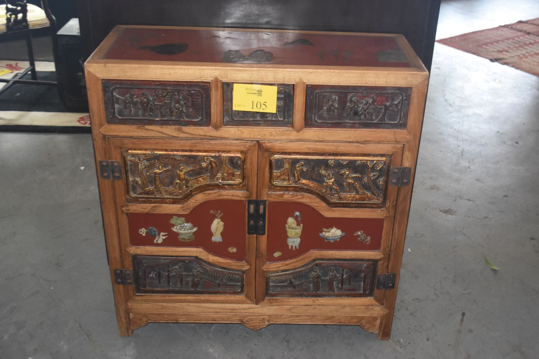 ANTIQUE ASIAN STORAGE CABINET, HAND CARVED PANELS OF TRADITIONAL ...