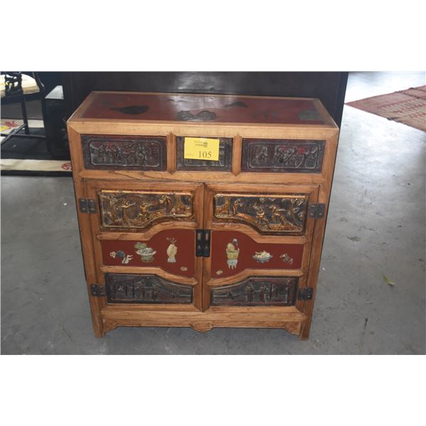 ANTIQUE ASIAN STORAGE CABINET, HAND CARVED PANELS OF TRADITIONAL FIGURES & RED LACQUER (33 3/4" X 14