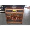 Image 1 : ANTIQUE ASIAN STORAGE CABINET, HAND CARVED PANELS OF TRADITIONAL FIGURES & RED LACQUER (33 3/4" X 14