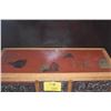 Image 2 : ANTIQUE ASIAN STORAGE CABINET, HAND CARVED PANELS OF TRADITIONAL FIGURES & RED LACQUER (33 3/4" X 14