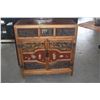 Image 3 : ANTIQUE ASIAN STORAGE CABINET, HAND CARVED PANELS OF TRADITIONAL FIGURES & RED LACQUER (33 3/4" X 14