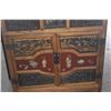 Image 4 : ANTIQUE ASIAN STORAGE CABINET, HAND CARVED PANELS OF TRADITIONAL FIGURES & RED LACQUER (33 3/4" X 14