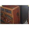 Image 5 : ANTIQUE ASIAN STORAGE CABINET, HAND CARVED PANELS OF TRADITIONAL FIGURES & RED LACQUER (33 3/4" X 14