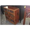 Image 6 : ANTIQUE ASIAN STORAGE CABINET, HAND CARVED PANELS OF TRADITIONAL FIGURES & RED LACQUER (33 3/4" X 14