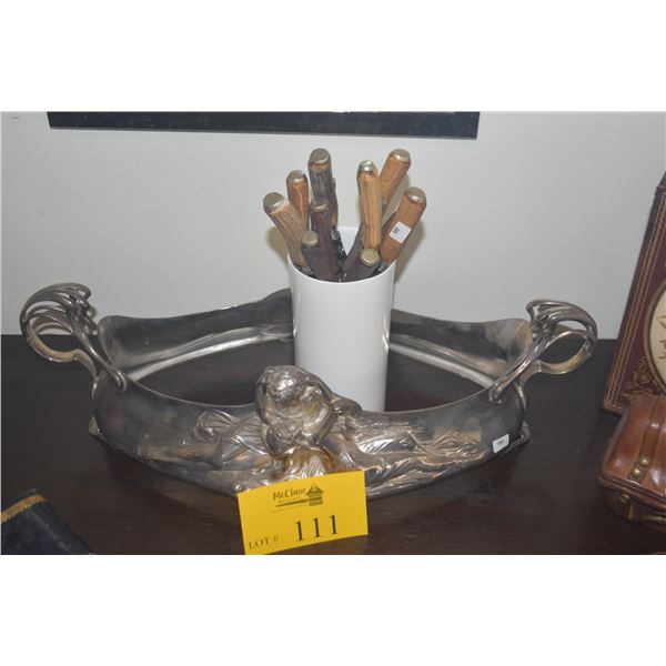 HARRISON BROS. & HOWSON STAG ANTLER COCKTAIL FORKS & KNIVES W/STAINLESS BLADES & WMF ART NOUVEAU SIL