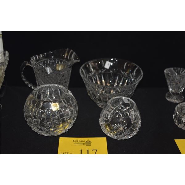 BLOCK CRYSTAL BOWL, FOSTORIA PITCHER & LEAD CRYSTAL CANDLE HOLDERS (4 PCS)