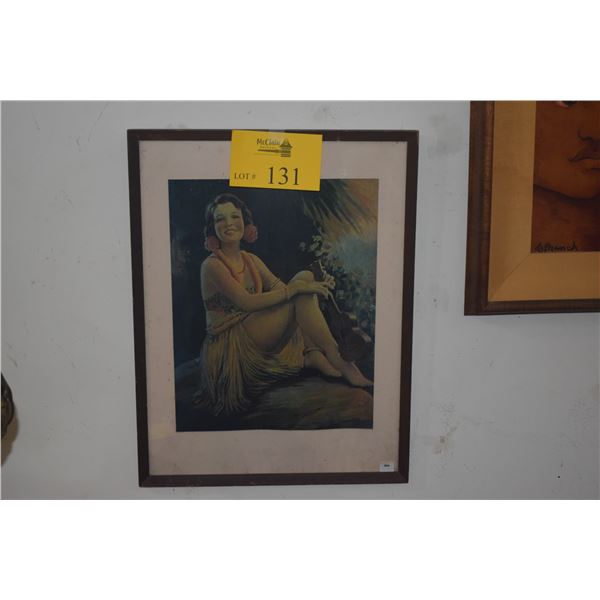 FRAMED VINTAGE PIN UP PRINT, HULA GIRL W/UKULELE (14" X 18")