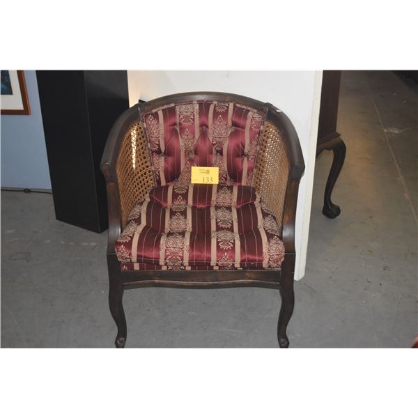 VINTAGE 1970'S BARREL-BACK ACCENT CHAIR W/CANE SIDES & TUFTED MAROON UPHOLSTERY