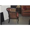 Image 2 : VINTAGE 1970'S BARREL-BACK ACCENT CHAIR W/CANE SIDES & TUFTED MAROON UPHOLSTERY