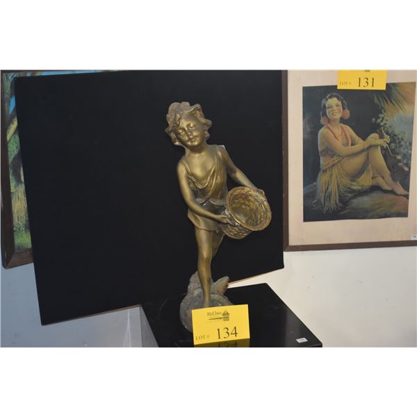 ART NOUVEAU BRONZE CAST STATUE, FRENCH BOY W/BASKET (17 1/2")