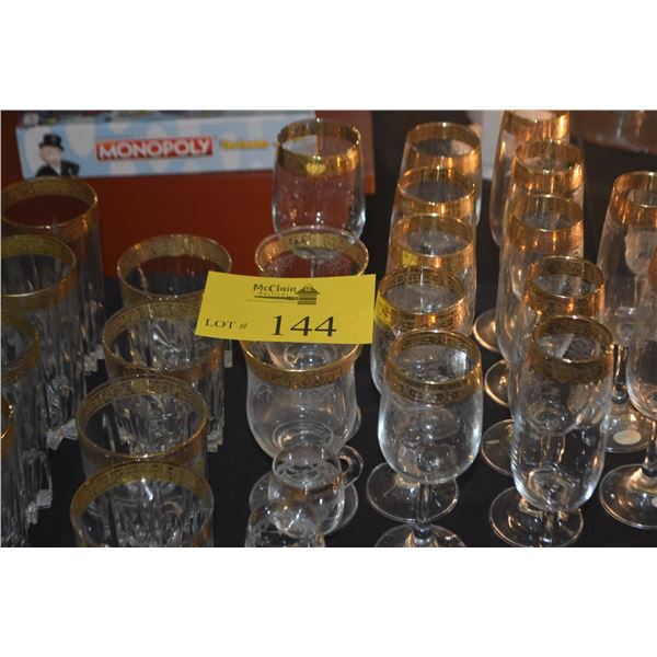 CELLINI CRYSTAL STEMWARE & GLASSES W/24K GOLD RIMS & ASSORTED CORDIAL GLASSES (38 PCS)