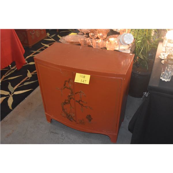 CHINOISERIE STYLE RED LACQUER CABINET W/FLORAL DESIGNS, 2 DOORS & 1 DRAWER (20" X 16" X 30")