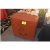 Image 1 : CHINOISERIE STYLE RED LACQUER CABINET W/FLORAL DESIGNS, 2 DOORS & 1 DRAWER (20" X 16" X 30")