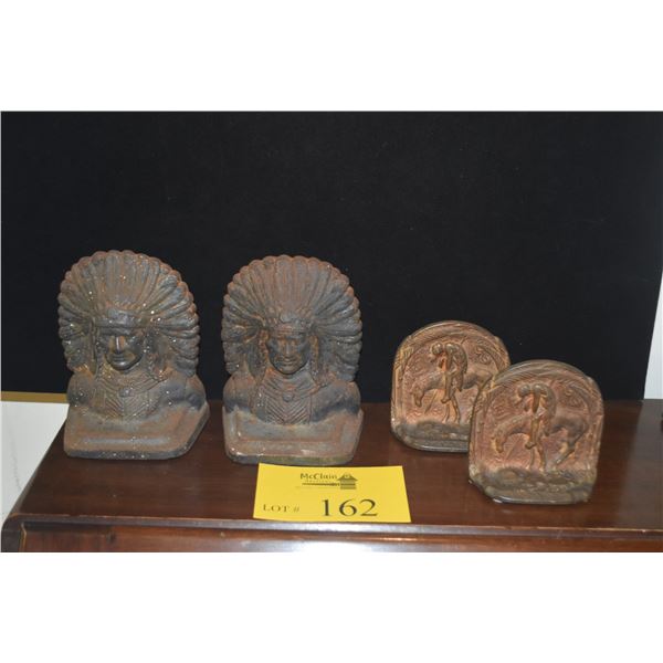 AMERICAN INDIAN CHEF CAST IRON BOOKENDS & VINTAGE "END OF THE TRAIL" CAST METAL BOOKENDS (4 PCS)
