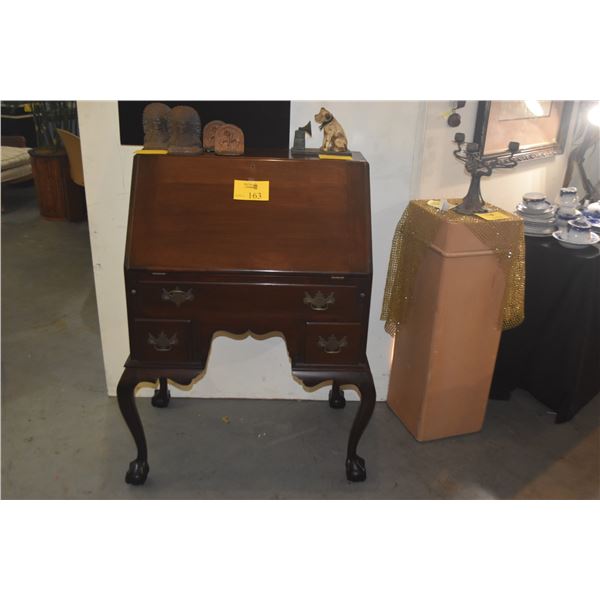 CHIPPENDALE STYLE SECRETARY DESK W/SLANT FRONT, DRAWERS & CABRIOLE LEGS & BALL & CLAW FEET (NEEDS RE