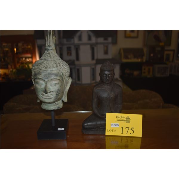 EBONY SEATED BUDDHA & THAI BUDDHA HEAD ON STAND (2 PCS)