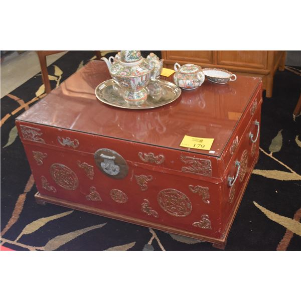 VINTAGE RED LACQUER CHINESE CHEST W/SEPARATE FOOTED BASE & GLASS TOP (35 1/2" X 25")