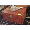 Image 1 : VINTAGE RED LACQUER CHINESE CHEST W/SEPARATE FOOTED BASE & GLASS TOP (35 1/2" X 25")