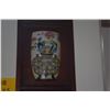Image 5 : ASIAN STYLE CARVED WOOD PANEL W/INTRICATE RELIEF CARVINGS & INLAID CERAMIC PLAQUES (9" X 61 3/4")