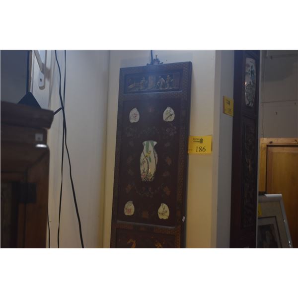 CHINESE PORCELAIN INLAID RED LACQUER HANGING PANEL (13" X 31")