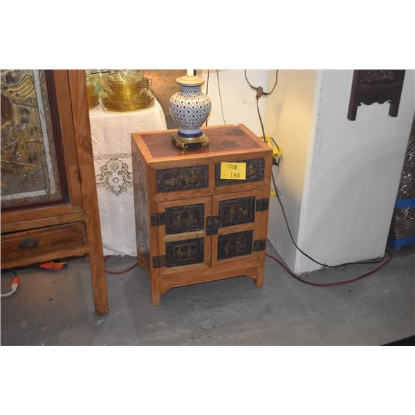 PAIR VINTAGE CHINESE 2 DOOR, 2 DRAWER CABINETS W/ORNATE CARVED PANELS & GILDED ACCENTS (PAIR) (20 3/