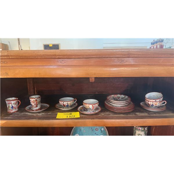 VINTAGE JAPANESE EGGSHELL PORCELAIN TEA CUPS & SAUCERS W/HAND PAINTED GEISHA GIRL SCENES (18 PCS)