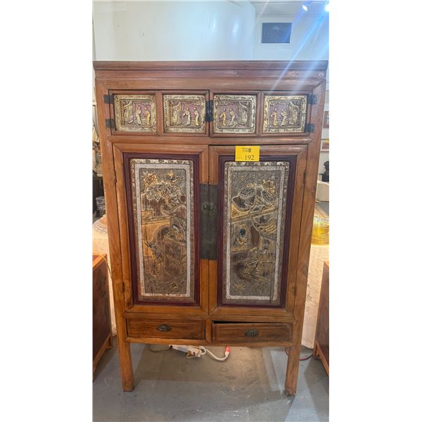 ANTIQUE CHINESE LACQUER & GILDED CABINET W/INTRICATELY CARVED PANELS (39" X 19 1/4" X 68 1/4")