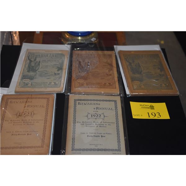 BOOKS: THE HAWAIIAN ANNUALS FOR 1918, 1919, 1920, 1921 & 1922 PUB. BY THOMAS G. THRUM (5 PCS)