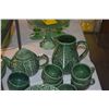 Image 2 : COLLECTION OF PORTUGAL MAJOLICA GREEN CABBAGE LEAF TEAPOT, CUPS, SAUCERS, CREAMER & PITCHER (27 PCS)