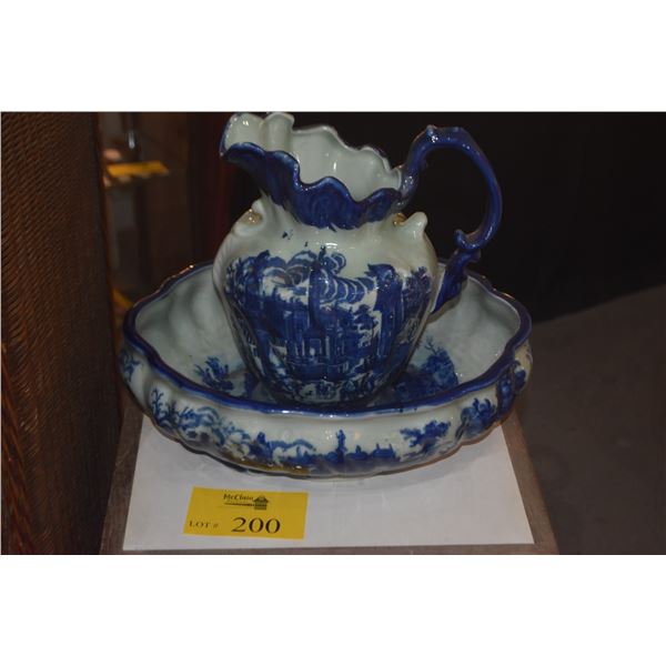 VINTAGE VICTORIA WARE IRON STONE WATER PITCHER & BOWL IN FLOW BLUE (2 PCS)