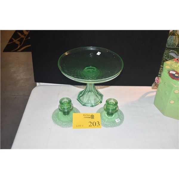 VINTAGE FOSTORIA ETCHED URANIUM GLASS CANDLESTICK HOLDERS & EMERALD GREEN CAKE STAND, WESFORD PATTER
