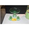 Image 1 : VINTAGE FOSTORIA ETCHED URANIUM GLASS CANDLESTICK HOLDERS & EMERALD GREEN CAKE STAND, WESFORD PATTER