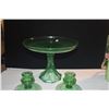 Image 2 : VINTAGE FOSTORIA ETCHED URANIUM GLASS CANDLESTICK HOLDERS & EMERALD GREEN CAKE STAND, WESFORD PATTER