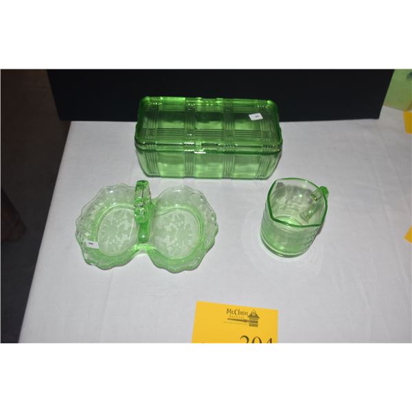 VINTAGE HAZEL ATLAS URANIUM GLASS GREEN CRISS CROSS REFRIGERATOR DISH, GREEN DEPRESSION GLASS MEASUR