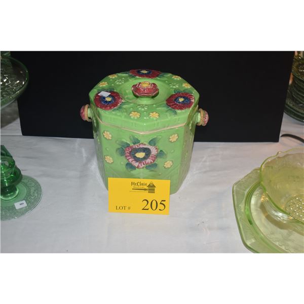 VINTAGE JAPANESE HAND PAINTED HEXAGONAL CERAMIC BISCUIT/COOKIE JAR