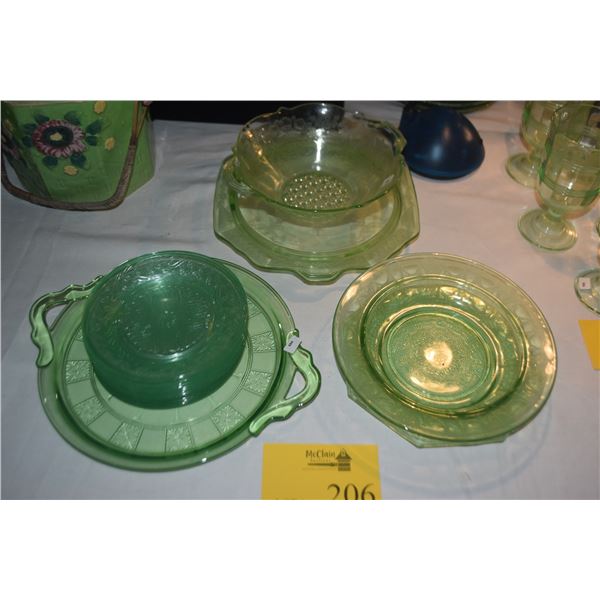 GREEN DEPRESSION GLASS PLATES W/SCROLL MOTIF, URANIUM GLASS PLATES & BOWLS (17 PCS)