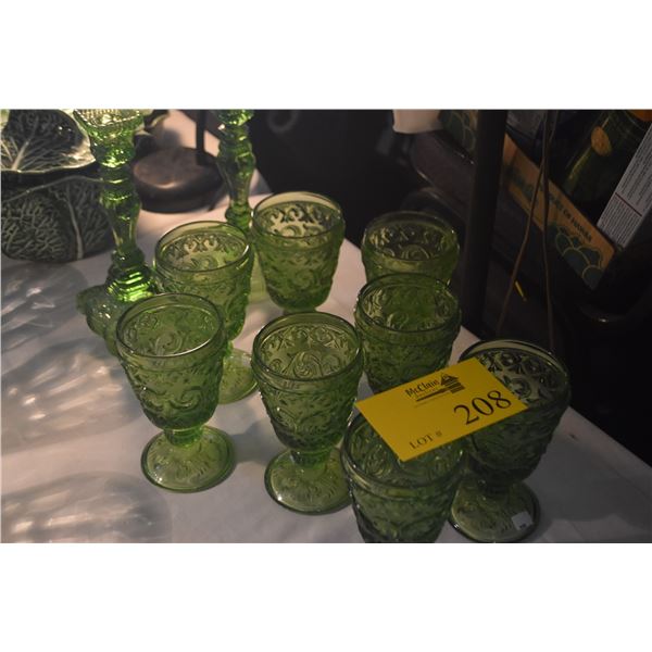 IVINNA GREEN SCROLL WATER GOBLETS & GREEN CANDLE STICK HOLDERS (10 PCS)