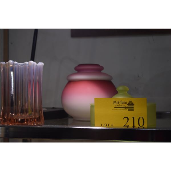 SATIN PEACHBLOW PINK & WHITE COVERED JAR, MOSER PINK OPALESCENT GLASS VASE & COVERED POWDER JAR (3 P