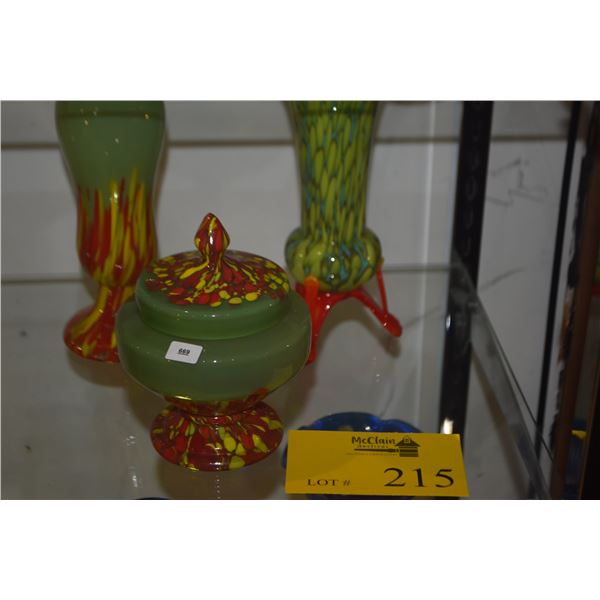 ART GLASS VASES & COVERED JAR (3 PCS)