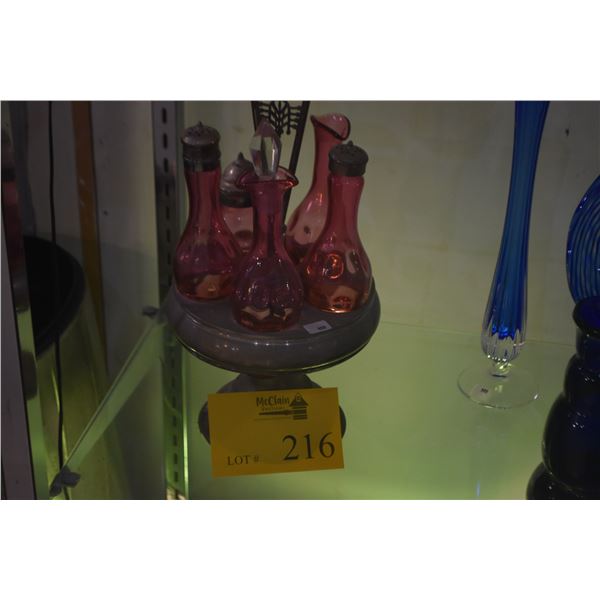 ANTIQUE VICTORIAN CRANBERRY GLASS CONDIMENT SET W/CADDY