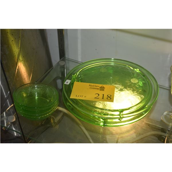 VINTAGE JEANNETTE GLASS COMPANY "SUNFLOWER" PATTERN GREEN DEPRESSION URANIUM GLASS FOOTED CAKE PLATE