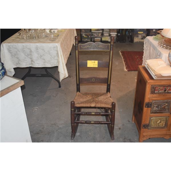 ANTIQUE LADDER BACK ROCKING CHAIR W/WOVEN RUSH SEAT