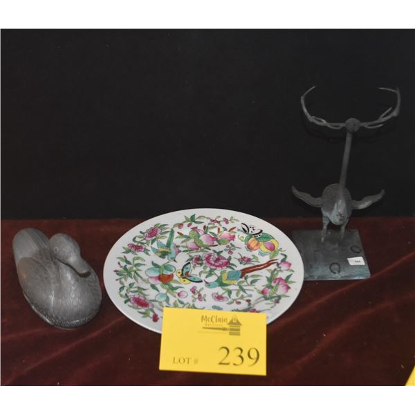 VINTAGE CHINESE PEWTER DUCK, CHINESE FAMILLE ROSE PORCELAIN PLATE & BRONZE CRANE HE SCULPTURE (3 PCS