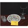 Image 1 : VINTAGE CHINESE PEWTER DUCK, CHINESE FAMILLE ROSE PORCELAIN PLATE & BRONZE CRANE HE SCULPTURE (3 PCS